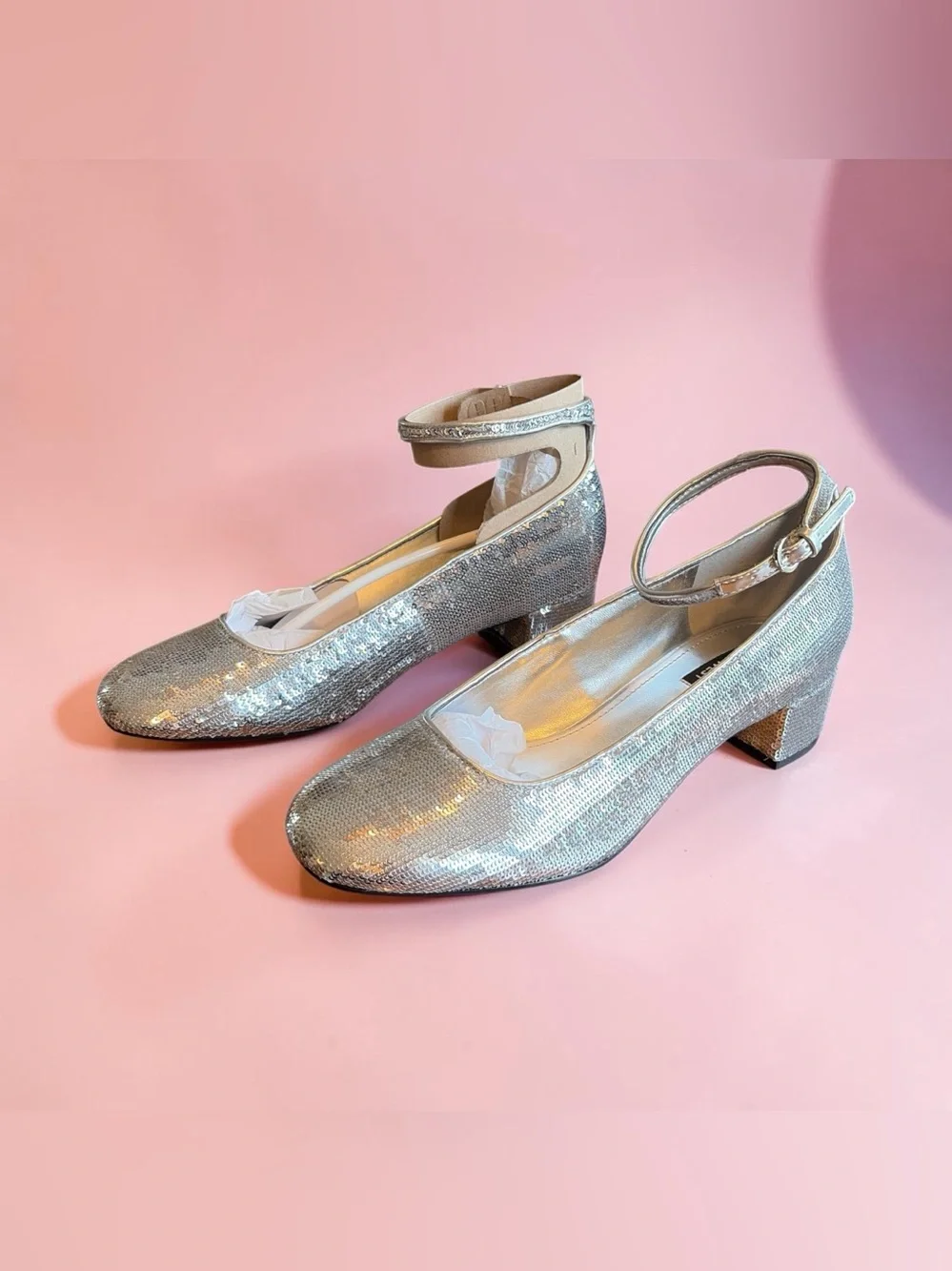 Nine West Silver Sequin Ankle-Strap Block Heels. Women’s Size 9.5